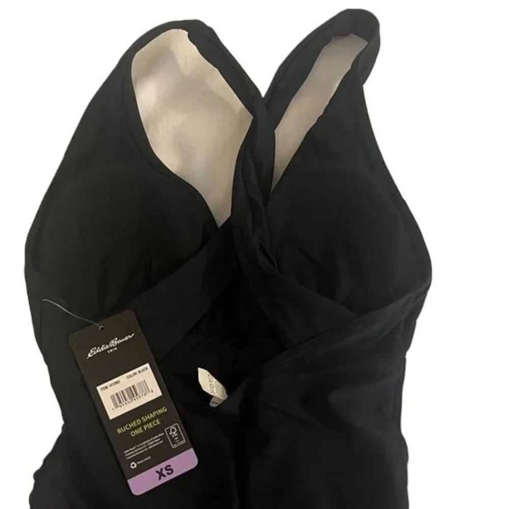 Eddie Bauer‎ Ruched Shaping One Piece Swimsuit Black Women's XS UV Protection